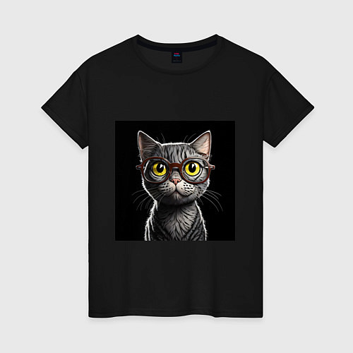 Женская футболка Желтоглазый котик в очках / Черный – фото 1