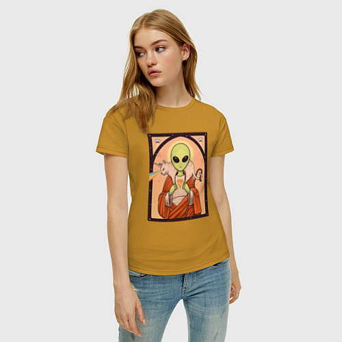 Женская футболка Пришелец с кошкой / Горчичный – фото 3