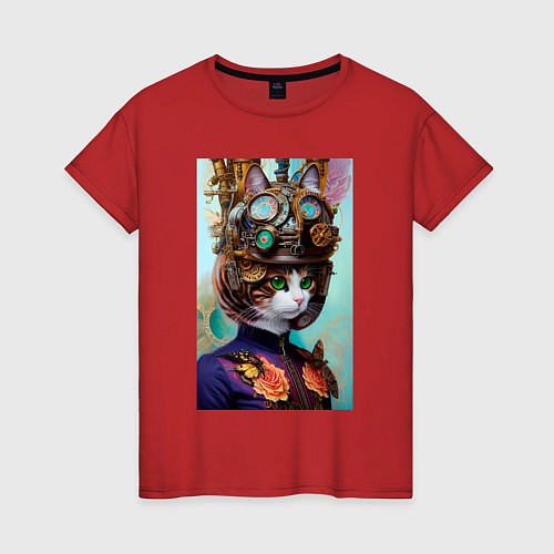 Женская футболка Кошечка в стиле стимпанк - нейросеть / Красный – фото 1