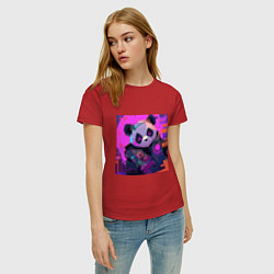 Футболка хлопковая женская Аниме панда в лучах неона, цвет: красный — фото 2