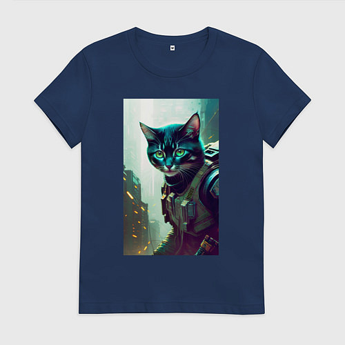 Женская футболка Cool kitten - cyberpunk / Тёмно-синий – фото 1