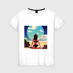 Футболка хлопковая женская Девушка на пляже, цвет: белый
