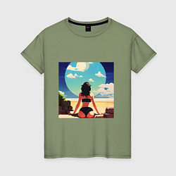 Футболка хлопковая женская Девушка на пляже, цвет: авокадо