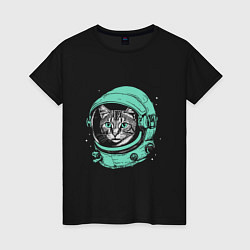 Футболка хлопковая женская Котик астронавт, цвет: черный