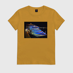 Футболка хлопковая женская Яхта в ночном порту, цвет: горчичный