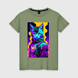 Женская футболка Прикольный неоновый котёнок - киберпанк