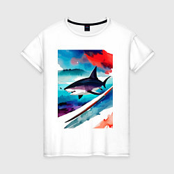 Футболка хлопковая женская Shark - watercolor - art, цвет: белый