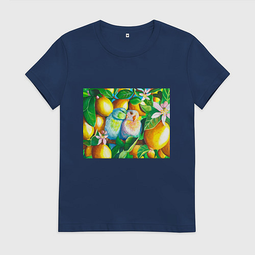 Женская футболка Попугаи в лимонах / Тёмно-синий – фото 1