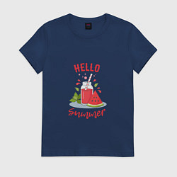 Футболка хлопковая женская Hello summer и сочный смузи из арбуза с базиликом, цвет: тёмно-синий