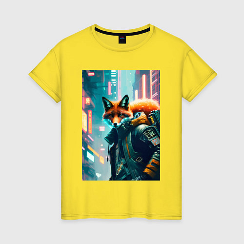 Женская футболка Лисица в большом городе - киберпанк / Желтый – фото 1