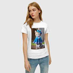 Футболка хлопковая женская Кошка в голубом платье, цвет: белый — фото 2