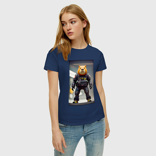 Женская футболка Capy-policeman - cyberpunk / Тёмно-синий – фото 3