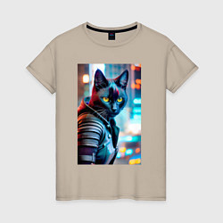 Женская футболка Модный котик на фоне городских огней