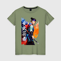 Женская футболка Онна-бугэйся - девушка-самурай - акварель