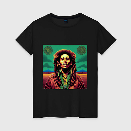 Женская футболка Digital Art Bob Marley in the field / Черный – фото 1