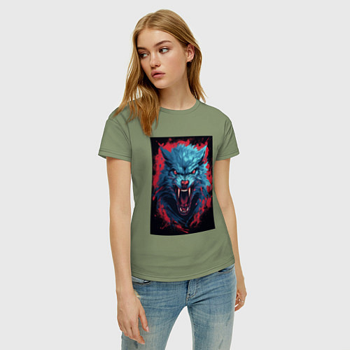 Женская футболка Синий волк красные брызги / Авокадо – фото 3