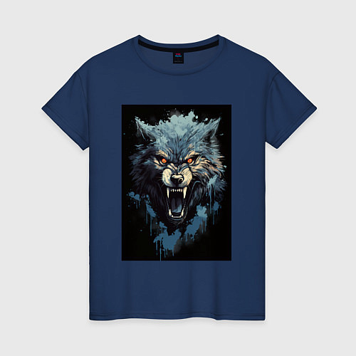 Женская футболка Серый волк и синии брызги / Тёмно-синий – фото 1