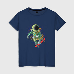 Футболка хлопковая женская Космонавт катается на скейте, цвет: тёмно-синий
