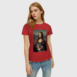 Футболка хлопковая женская Мона Лиза с котиком, цвет: красный — фото 2
