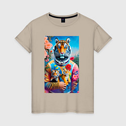 Женская футболка Тигрица - космонавт с тигрятами - нейросеть