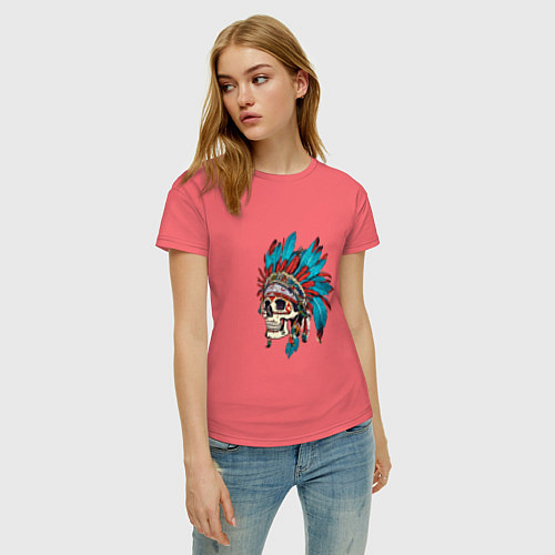 Женская футболка Череп Индейца с перьями / Коралловый – фото 3