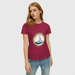 Футболка хлопковая женская Яхта в море, цвет: маджента — фото 2