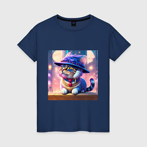 Женская футболка Милый кот в шляпе / Тёмно-синий – фото 1