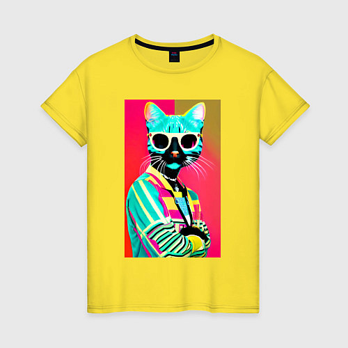 Женская футболка Cat in sunglasses - pop art / Желтый – фото 1