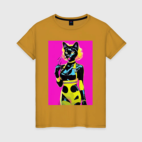 Женская футболка Black cat - fashionista - pop art - neural network / Горчичный – фото 1