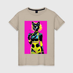 Футболка хлопковая женская Black cat - fashionista - pop art - neural network, цвет: миндальный