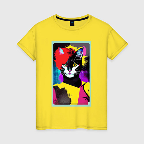 Женская футболка Lady cat - pop art - neural network / Желтый – фото 1