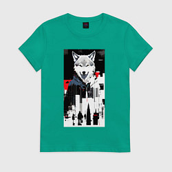 Женская футболка Волчара в мегаполисе - нейроарт