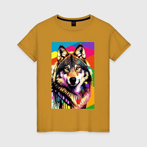 Женская футболка Красочный волк - поп-арт - нейросеть / Горчичный – фото 1