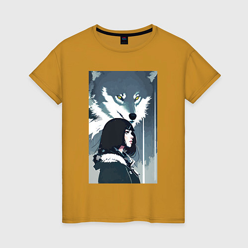 Женская футболка Девушка под защитой волка - нейросеть - аниме / Горчичный – фото 1