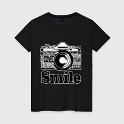 Футболка хлопковая женская Smile camera, цвет: черный