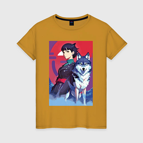 Женская футболка Девочка со своим другом волком - аниме / Горчичный – фото 1
