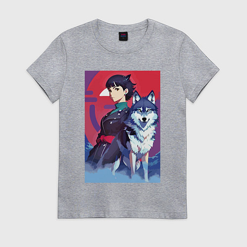 Женская футболка Девочка со своим другом волком - аниме / Меланж – фото 1