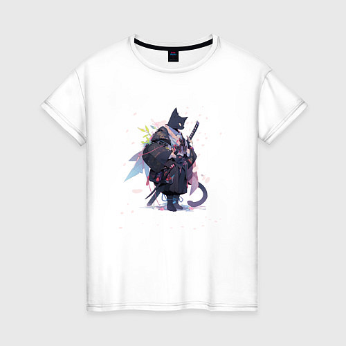 Женская футболка Кот самурай и сакура / Белый – фото 1