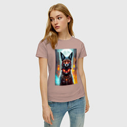 Футболка хлопковая женская Крутая лиса - киберпанк - нейросеть, цвет: пыльно-розовый — фото 2