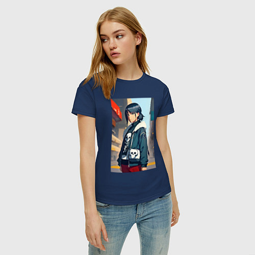 Женская футболка Крутая девчонка в большом городе - аниме / Тёмно-синий – фото 3