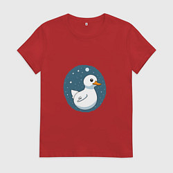 Футболка хлопковая женская Утка в космосе, цвет: красный