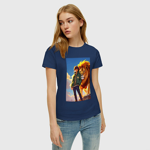 Женская футболка Пацан и лев - нейросеть - аниме / Тёмно-синий – фото 3