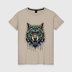 Женская футболка Разноцветная голова волка