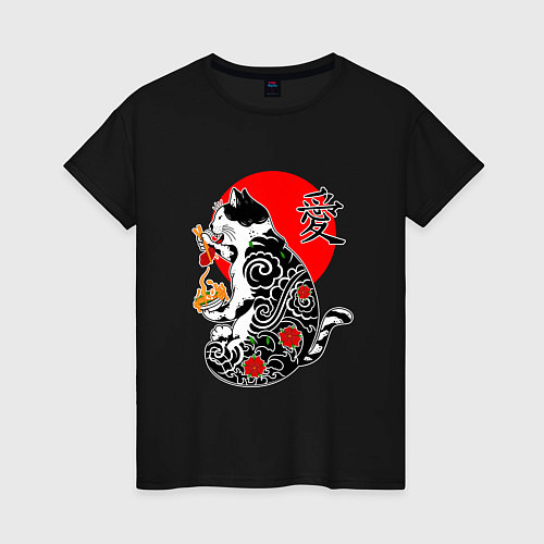 Женская футболка Котик - якудза и иероглиф / Черный – фото 1