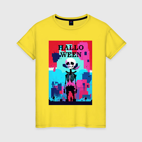 Женская футболка Funny skeleton - pop art - pixels halloween / Желтый – фото 1