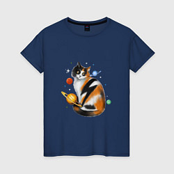 Женская футболка Космическая кошка с планетами и молнией