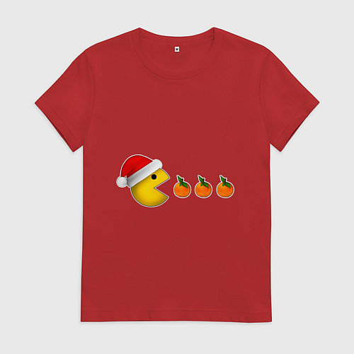 Женская футболка Новогодний пэкмэн с мандаринами / Красный – фото 1