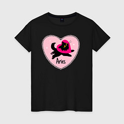 Футболка хлопковая женская Котик с сердечком - весы, цвет: черный