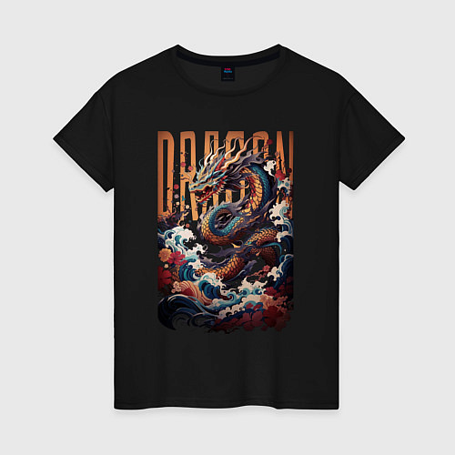 Женская футболка С драконом на волне и цветами / Черный – фото 1