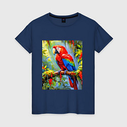 Футболка хлопковая женская Яркий красный ара, цвет: тёмно-синий